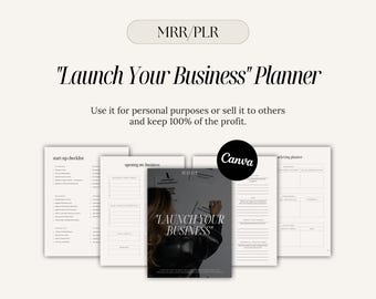 Könnte beinhalten: Ein schwarz-weißer druckbarer Planer mit dem Text "Launch Your Business" auf dem Cover. Der Planer enthält Abschnitte für eine Start-Checkliste, die Eröffnung eines Unternehmens, Marketing und ein Canva-Logo.