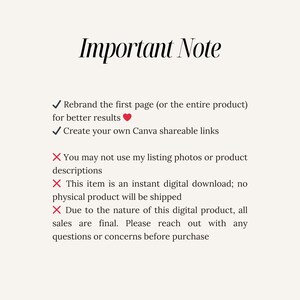 May include: Important note: Rebrand the first page (or the entire product) for better results. Create your own Canva shareable links. You may not use my listing photos or product descriptions. This item is an instant digital download; no physical product will be shipped. Due to the nature of this digital product, all sales are final. Please reach out with any questions or concerns before purchase.