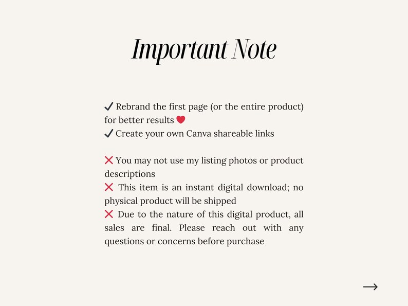 May include: Important note: Rebrand the first page (or the entire product) for better results. Create your own Canva shareable links. You may not use my listing photos or product descriptions. This item is an instant digital download; no physical product will be shipped. Due to the nature of this digital product, all sales are final. Please reach out with any questions or concerns before purchase.
