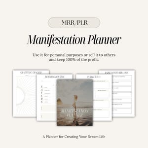 May include: A digital planner with the text "Manifestation Planner" and the words "A Planner for Creating Your Dream Life". The planner includes sections for gratitude tracking, morning routine, perfect day, and raising your vibration.