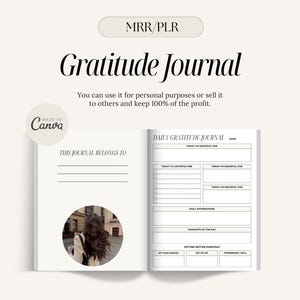 Puede incluir: Un diario de gratitud imprimible en blanco y negro con el texto "Daily Gratitude Journal" y "This Journal Belongs To" en la portada. El diario tiene secciones para afirmaciones diarias, pensamientos del día y mejorar cada día.