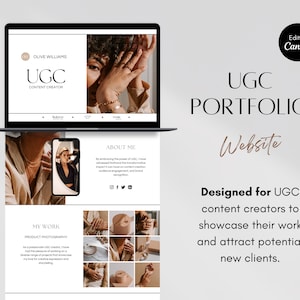 Może przedstawiać: Zrzut ekranu z laptopa, na którym wyświetlony jest projekt strony internetowej dla portfolio twórcy treści UGC. Strona internetowa ma minimalistyczny design z jasnym tłem i czarnym tekstem. Strona internetowa zawiera sekcje "O mnie", "Moja praca" i "Fotografia produktów". Strona internetowa zawiera również ikony mediów społecznościowych dla Instagrama, Facebooka i YouTube.