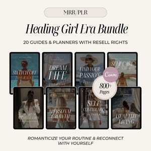 May include: A digital product bundle titled "Healing Girl Era Bundle" with 20 guides and planners. The image features several tablet mockups with titles like "Dream Life Journal" and "Self Care." The bundle includes over 800 pages and resell rights.