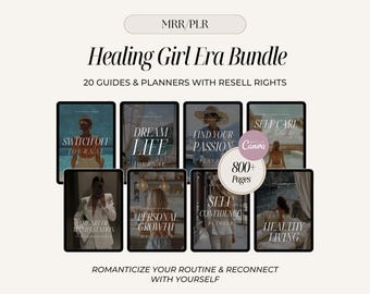 Puede incluir: Imagen del "Healing Girl Era Bundle", un producto digital con 20 guías y planificadores. La imagen muestra maquetas de tabletas con títulos como "Dream Life Journal" y "Self Care". El paquete incluye más de 800 páginas y derechos de reventa.