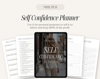 Puede incluir: Un planificador digital con el texto "Self Confidence Planner" en la portada. El planificador incluye secciones para la autorreflexión, la mentalidad y el seguimiento del progreso. La portada presenta una foto de una mujer caminando por una calle de la ciudad.