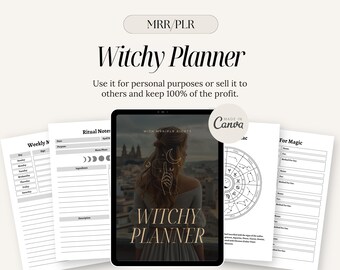 May include: A digital planner with the text "Witchy Planner" on the cover. The planner includes pages for weekly notes, ritual notes, and a page for magic. The planner is designed in a dark, mystical style with a woman's silhouette on the cover.
