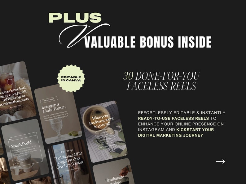May include: A dark background with white text that reads "PLUS VALUABLE BONUS INSIDE." The image promotes 30 done-for-you faceless reels. Additional text includes "Editable in Canva" and marketing copy about Instagram and digital marketing.
