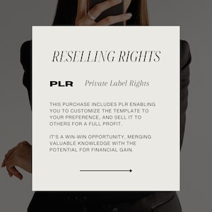 May include: Image with text: RESELLING RIGHTS, PLR Private Label Rights. The text details a purchase including PLR, allowing customisation of a template for resale. It promotes a win-win opportunity for financial gain.