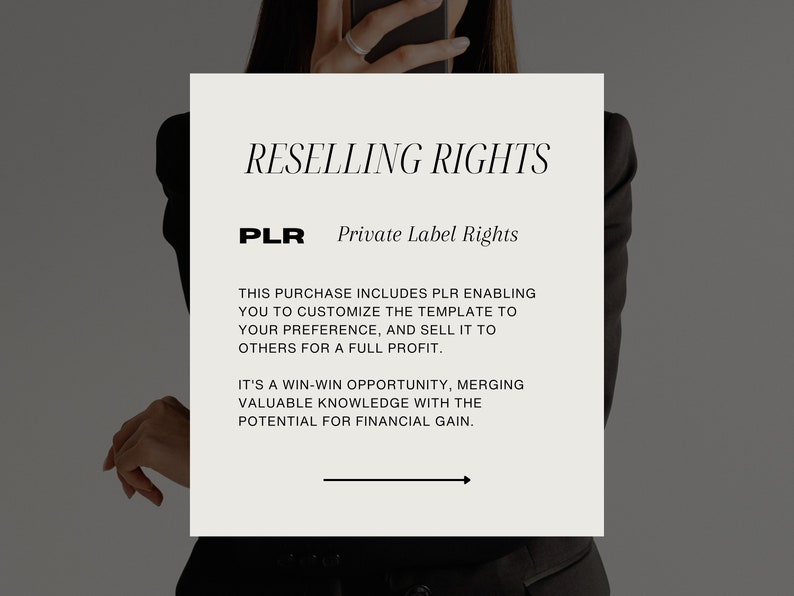 May include: Image with text: RESELLING RIGHTS, PLR Private Label Rights. The text details a purchase including PLR, allowing customisation of a template for resale. It promotes a win-win opportunity for financial gain.