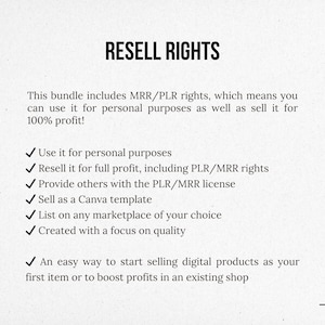 May include: Text on a white background explaining the resell rights for a digital product bundle. The text includes the phrase "Resell Rights" in a large font and a list of bullet points describing the rights included in the bundle.