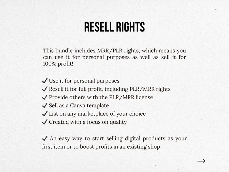 May include: Text on a white background explaining the resell rights for a digital product bundle. The text includes the phrase "Resell Rights" in a large font and a list of bullet points describing the rights included in the bundle.