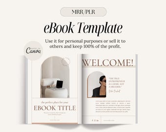 May include: A beige and white ebook template with a minimalist design. The cover features a white chair with a laptop on it and the text "the perfect place for your EBOOK TITLE". The inside page features a woman in a black jacket and the text "WELCOME!" and a quote: "THE TRUE ENTREPRENEUR IS A DOER, NOT A DREAMER".