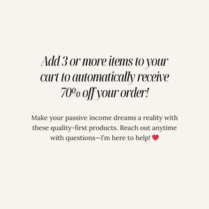 May include: Text on a cream-colored background reads: "Add 3 or more items to your cart to automatically receive 70% off your order!" Additional text promotes quality products and support, ending with a heart symbol.