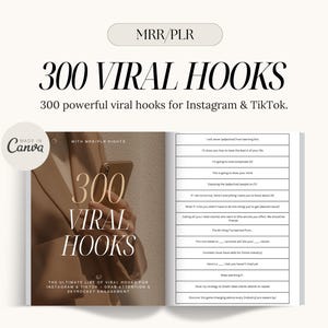 Può includere: Una copertina di libro con il titolo "300 Viral Hooks" in lettere dorate su uno sfondo marrone. Il libro è aperto a una pagina con un elenco di hook virali per Instagram e TikTok.