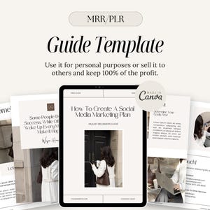 Può includere: Un modello di guida digitale con il testo "Guide Template" e "How To Create A Social Media Marketing Plan". L'immagine include un tablet e diverse pagine con testo e immagini. La guida è realizzata in Canva.