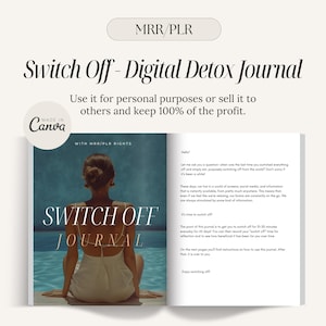 Könnte beinhalten: Ein digitales Detox-Tagebuch mit einer Frau, die auf dem Cover am Pool sitzt. Das Tagebuch trägt den Titel "Switch Off Journal" und enthält den Text "Nutzen Sie es für persönliche Zwecke oder verkaufen Sie es an andere und behalten Sie 100 % des Gewinns."
