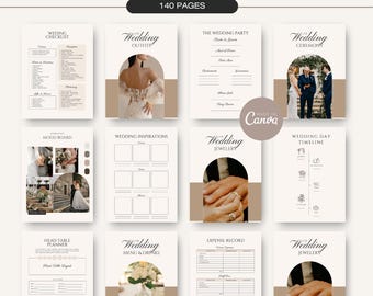 May include: A printable wedding planner with 140 pages. The planner includes sections for wedding checklist, wedding outfits, the wedding party, wedding ceremony, mood board, wedding inspirations, wedding jewelry, head table planner, wedding menu and drinks, expense record, and wedding day timeline. The planner has a minimalist design with brown and white colors.