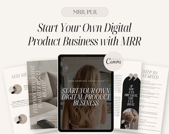 May include: A digital product business guide with a woman in the background. The guide includes a title page with the text "Start Your Own Digital Product Business" and a section titled "Introduction: What is Master Resell Rights?"