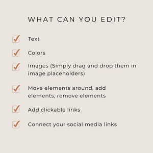 Puede incluir: Una lista de verificaci&oacute;n de las funciones que se pueden editar en un sitio web, que incluyen texto, colores, im&aacute;genes, elementos, enlaces y enlaces a redes sociales.