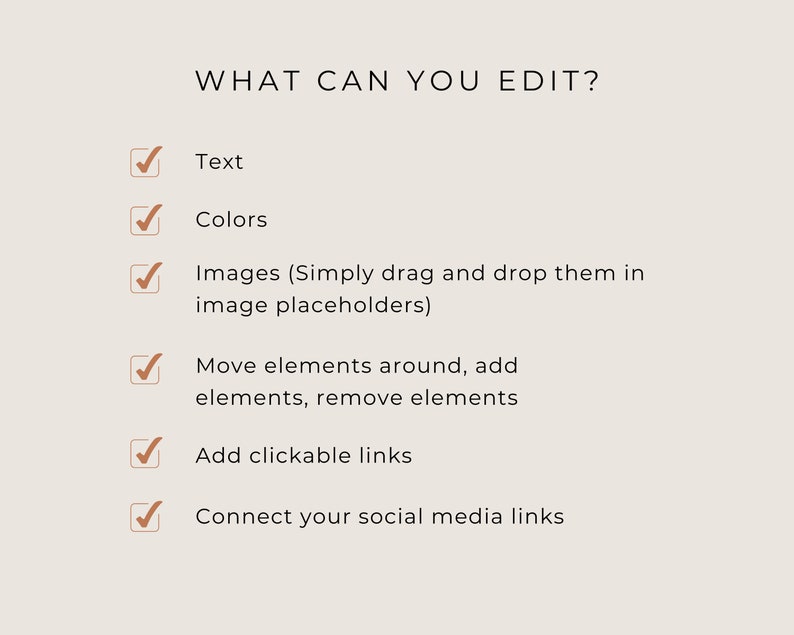 Puede incluir: Una lista de verificaci&oacute;n de las funciones que se pueden editar en un sitio web, que incluyen texto, colores, im&aacute;genes, elementos, enlaces y enlaces a redes sociales.