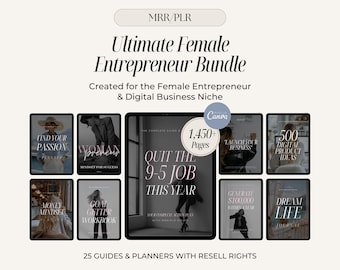 Puede incluir: Un paquete de productos digitales titulado "Ultimate Female Entrepreneur Bundle" con guías y planificadores. La imagen presenta varias maquetas de tabletas con texto como "Find Your Passion" y "Quit the 9-5 Job This Year". Incluye 1.450+ páginas y derechos de reventa.