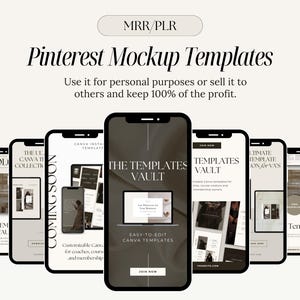 Puede incluir: Una maqueta de pantalla de teléfono que muestra una colección de plantillas de Canva para redes sociales. Las plantillas están diseñadas en un estilo minimalista con colores blanco y negro. El texto en la pantalla dice "The Templates Vault" y "Easy-to-edit Canva Templates".