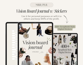 MRR PLR Journal Digital Vision Board Workbook Canva Template Resell Rights Planner DFY Content Seller Bundle With Cozy Scrapbook Stickers