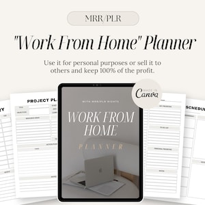 May include: A digital planner with the text "Work From Home Planner" on the cover. The planner includes pages for January, a project plan, a schedule, and a to-do list. The planner is designed to help people organise their work from home life.