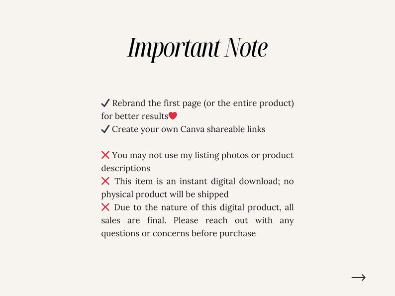 May include: Important note: Rebrand the first page (or the entire product) for better results. Create your own Canva shareable links. You may not use my listing photos or product descriptions. This item is an instant digital download; no physical product will be shipped. Due to the nature of this digital product, all sales are final. Please reach out with any questions or concerns before purchase.