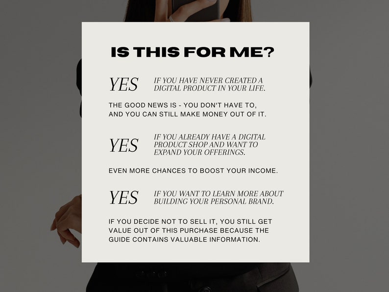 May include: A digital product guide with the text "IS THIS FOR ME?" and answers to the question. The guide is on a white background with black text. The text includes questions about digital products and personal branding.
