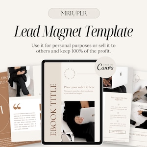 Może przedstawiać: Cyfrowy szablon magnesu do pozyskiwania leadów z tekstem "EBOOK TITLE" w brązowym prostokącie na beżowym tle. Szablon został zaprojektowany do użytku osobistego lub do sprzedaży innym. Tekst "MADE IN Canva" znajduje się w kółku w prawym górnym rogu szablonu.