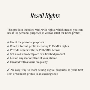 K&ouml;nnte beinhalten: Text auf wei&szlig;em Hintergrund, der "Resell Rights" lautet. Dieses Produkt beinhaltet MRR/PLR-Rechte, was bedeutet, dass Sie es f&uuml;r pers&ouml;nliche Zwecke verwenden und f&uuml;r 100% Gewinn verkaufen k&ouml;nnen! Eine Liste mit Aufz&auml;hlungszeichen mit H&auml;kchen daneben beschreibt die mit dem Produkt verbundenen Rechte.
