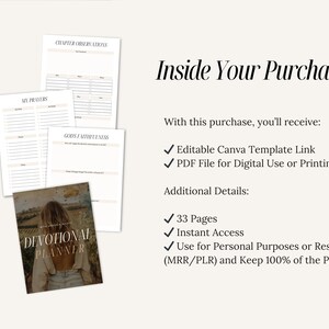 May include: A digital planner with a brown and white cover featuring a woman in a field. The cover text reads "Devotional Planner". The planner includes 33 pages and is available for instant download. It can be used for personal purposes or resold.