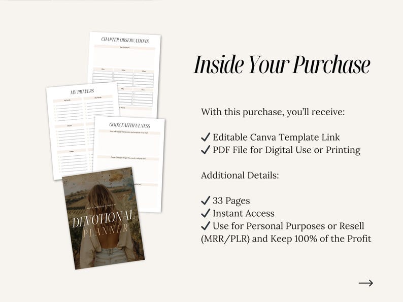 May include: A digital planner with a brown and white cover featuring a woman in a field. The cover text reads "Devotional Planner". The planner includes 33 pages and is available for instant download. It can be used for personal purposes or resold.