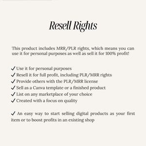 May include: A white background with black text describing the resell rights for a digital product. The text includes the following: "Resell Rights", "This product includes MRR/PLR rights, which means you can use it for personal purposes as well as sell it for 100% profit!" and a list of bullet points with check marks describing the rights included.