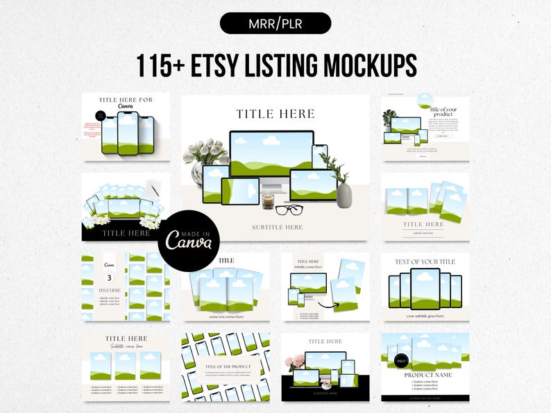 May include: A collection of 115+ Etsy listing mockups featuring various layouts and designs. The mockups showcase different devices, including phones, tablets, and laptops, displaying a green landscape with clouds. The mockups are ideal for showcasing digital products, such as printables, templates, and digital downloads.