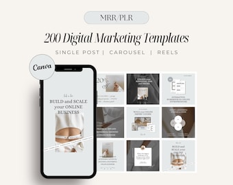May include: A phone screen displaying a set of nine digital marketing templates for social media. The templates feature a variety of designs, including text, images, and graphics. The text on the templates includes phrases like "Build and Scale your Online Business", "Unlock Your Potential", and "Interactive Workbook for Online Entrepreneurs".