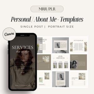 May include: A set of social media templates for personal branding. The templates feature a minimalist design with a brown background and white text. The text includes "Services that we offer", "Get to know me", "Our Services", and "Fun Facts".