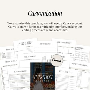 May include: A printable nutrition planner with multiple pages, including a weekly meal plan, a macro tracker, a health journal, and a food nutrition recipe page. The planner is designed to be customized using Canva.