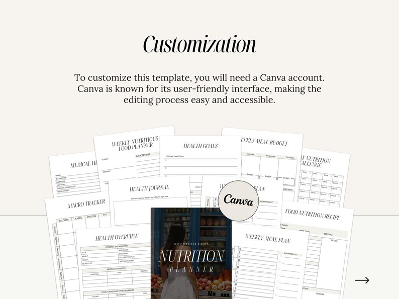 May include: A printable nutrition planner with multiple pages, including a weekly meal plan, a macro tracker, a health journal, and a food nutrition recipe page. The planner is designed to be customized using Canva.