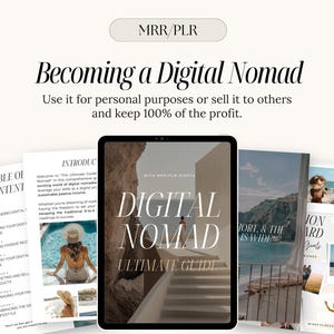 May include: A digital product guide titled "Digital Nomad Ultimate Guide" with a table of contents, introduction, and chapters on understanding digital nomadism, leveraging your expertise, creating passive income, building your digital empire, marketing and selling products, managing your finances, and embracing the digital nomad lifestyle.