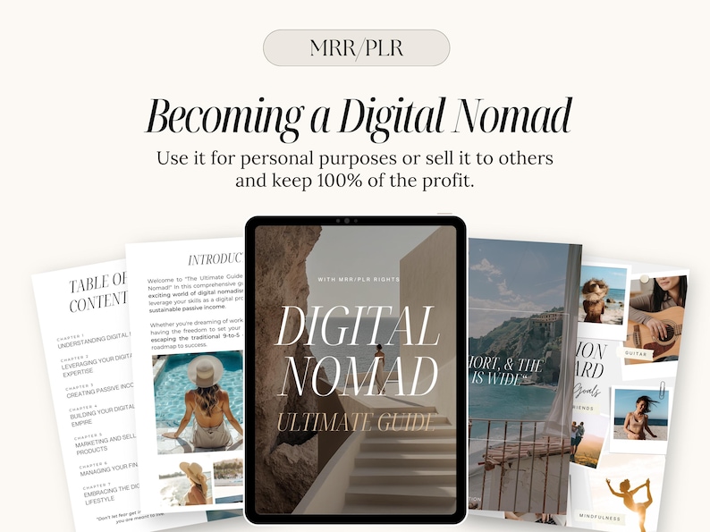 May include: A digital product guide titled "Digital Nomad Ultimate Guide" with a table of contents, introduction, and chapters on understanding digital nomadism, leveraging your expertise, creating passive income, building your digital empire, marketing and selling products, managing your finances, and embracing the digital nomad lifestyle.