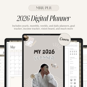 Könnte beinhalten: Digitaler Planer für 2026, dargestellt auf Tablets. Der Planer enthält Jahres-, Monats-, Wochen- und Tageslayouts, einen Ziel-Tracker und einen Einkommens-Tracker. Das zentrale Tablet zeigt "MY 2026 PLANNER". Das Design ist neutral mit Beige- und Weißtönen.