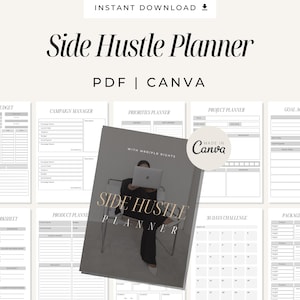 May include: A printable side hustle planner with multiple pages for budgeting, campaign management, goal setting, product planning, and more. The planner is designed to be used with Canva.