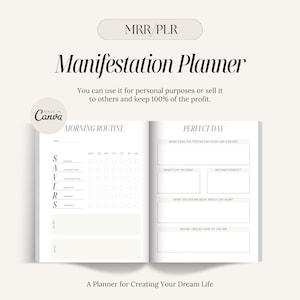 May include: A white and grey manifestation planner with the text "Morning Routine" and "Perfect Day" on the cover. The planner includes sections for daily affirmations, visualisations, exercise, reading, and scripting.