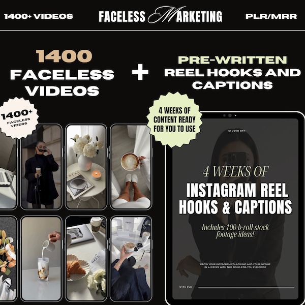 1400+ gesichtslose ästhetische Videos für Instagram Reels, vorgefertigte Instagram Reel Hooks und Beschriftungen, enthält Master Resell Rechte, MRR, PLR