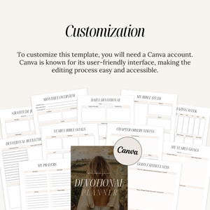 May include: A digital planner template for a devotional journal. The template includes pages for daily devotional, monthly overview, yearly bible goals, chapter observations, my prayers, gratitude journal, devotional reflection, my yearly goals, and lazing week. The template is designed in a minimalist style with a white background and black text. The text "Canva" is visible in the image.