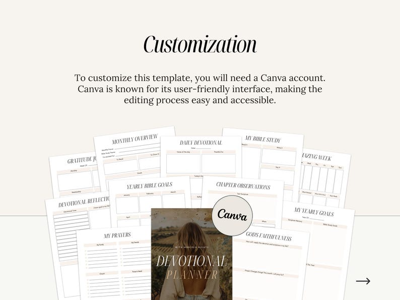 May include: A digital planner template for a devotional journal. The template includes pages for daily devotional, monthly overview, yearly bible goals, chapter observations, my prayers, gratitude journal, devotional reflection, my yearly goals, and lazing week. The template is designed in a minimalist style with a white background and black text. The text "Canva" is visible in the image.
