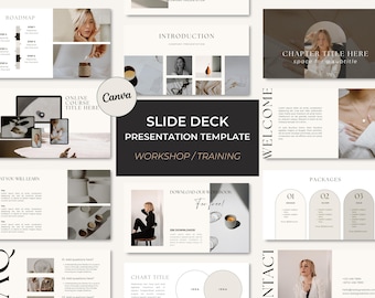 Puede incluir: Una plantilla de presentación de diapositivas minimalista para talleres y capacitación. La plantilla presenta una paleta de colores neutros con acentos beige y marrón. El texto "Slide Deck Presentation Template" se muestra en un cuadro negro con un borde marrón. El texto "Workshop/Training" se muestra en un cuadro marrón más pequeño debajo del cuadro negro.