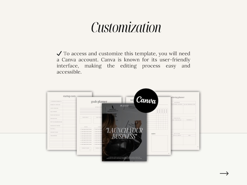K&ouml;nnte beinhalten: Eine schwarz-wei&szlig;e druckbare Business-Planer-Vorlage mit dem Text "Starten Sie Ihr Gesch&auml;ft" auf dem Cover. Die Vorlage enth&auml;lt Abschnitte f&uuml;r Startkosten, Ziele und Marketing.